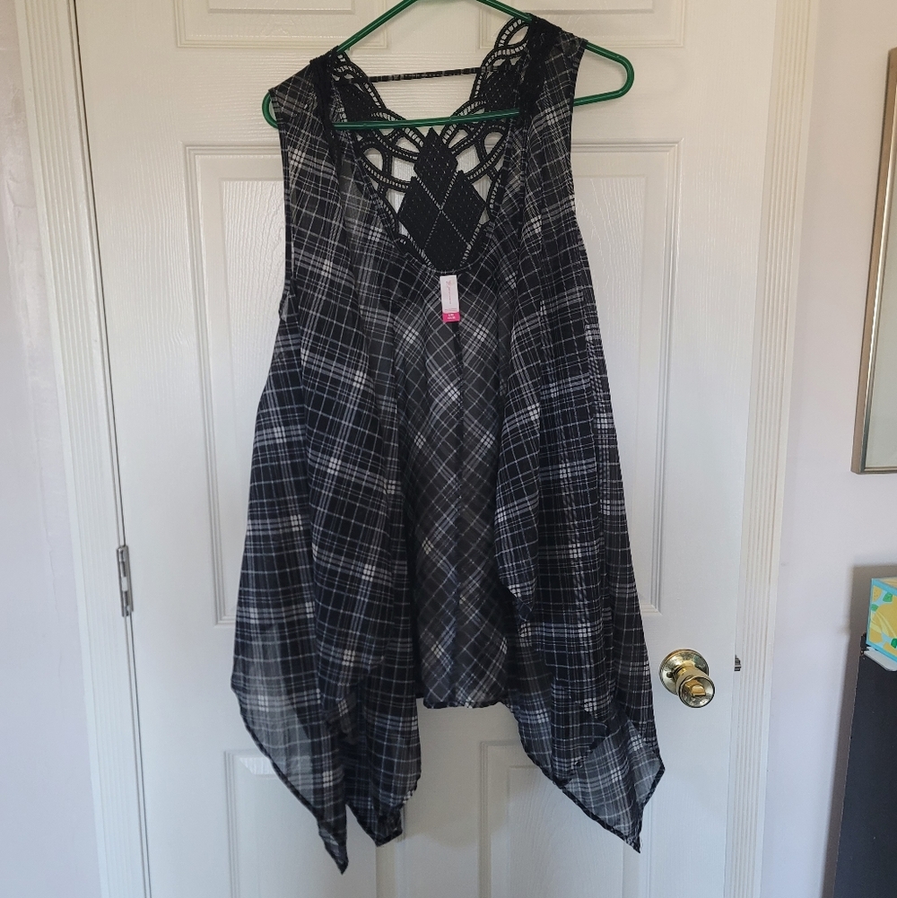 Womens Black And Grey plaid Sleeveless See Through Cover - size S